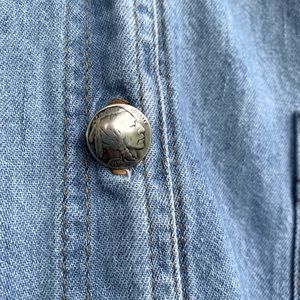 Karen Kane, Buffalo nickel buttons on  denim jean shirt